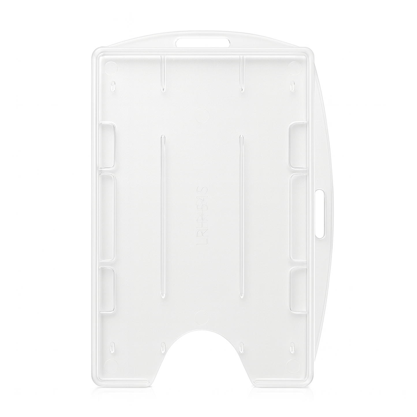 A Two Card Holder - Rigid Open-Faced (P/N AH-150) made of rigid clear plastic features a semi-circular cutout at the bottom for easy card removal. Top and side slot hole to wear horizontal or vertical, accommodating up to 2 cards - 1 on each side.