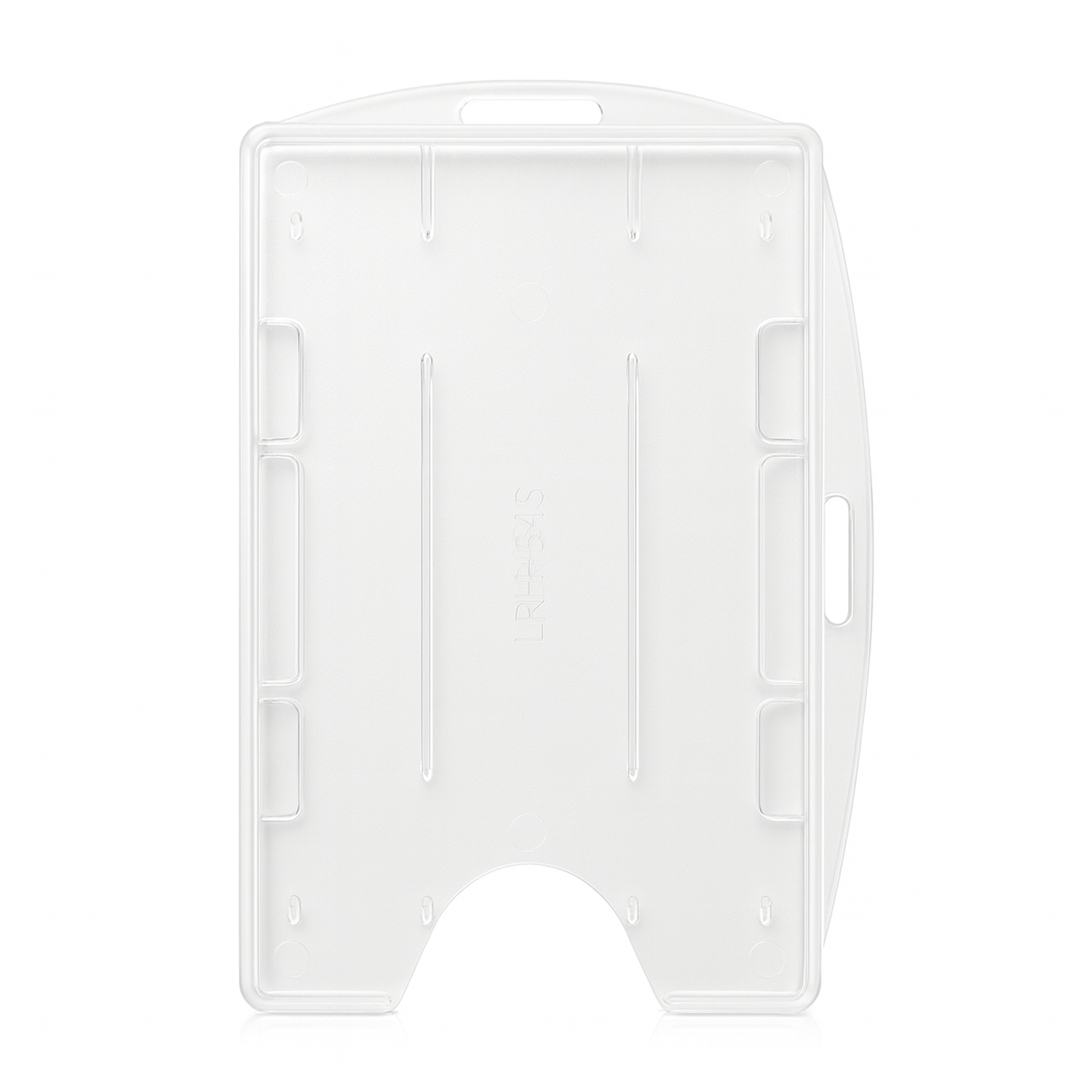 A Two Card Holder - Rigid Open-Faced (P/N AH-150) made of rigid clear plastic features a semi-circular cutout at the bottom for easy card removal. Top and side slot hole to wear horizontal or vertical, accommodating up to 2 cards - 1 on each side.