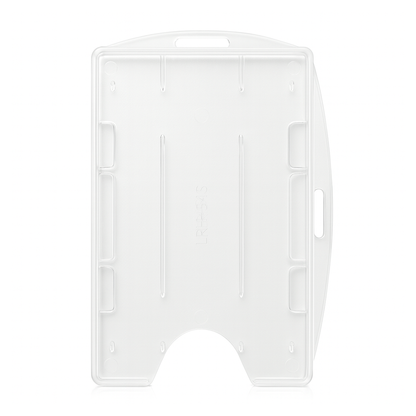 A Two Card Holder - Rigid Open-Faced (P/N AH-150) made of rigid clear plastic features a semi-circular cutout at the bottom for easy card removal. Top and side slot hole to wear horizontal or vertical, accommodating up to 2 cards - 1 on each side.