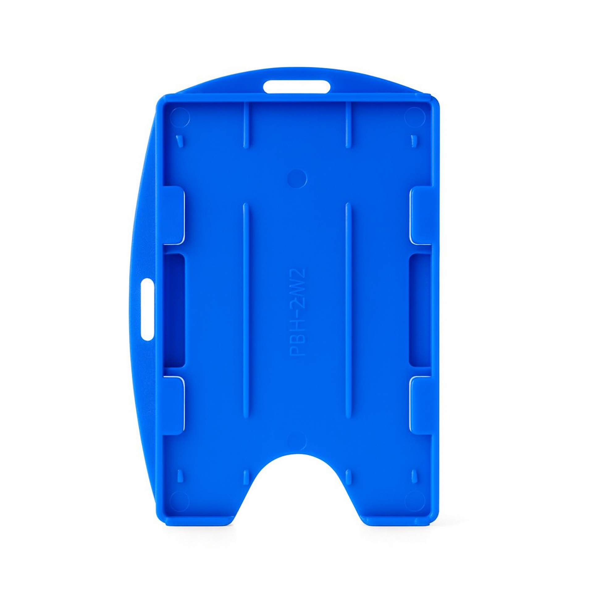 A Two Card Holder - Rigid Open-Faced (P/N AH-150) in royal blue, featuring a slot at the top and cutouts for easy access, designed to securely hold two cards.