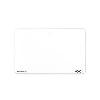 A blank white rectangular card with the small text "SPIDprox HID Compatible ISO Prox Cards" in the lower left corner and the number "00001" in the lower right corner, designed for access control systems.