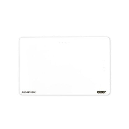 A SPIDproxC Composite ISO Prox Card with the code "SPIDRDX26C" in the bottom left corner and the number "00001" in the bottom right corner, seamlessly integrates into access control systems using programmable prox cards for enhanced security.