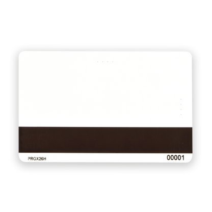A white identification card featuring a HiCo magnetic stripe and the number "00001" printed at the bottom right. Text "SPIDproxH HID Compatible ISO Prox Cards With Magnetic Stripe" is visible at the bottom left, indicating HID compatible ISO prox card technology.