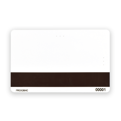 A white plastic card with a black magnetic strip and labels "PROX26HC" and "00001" printed at the bottom. This SPIDprox26HC HID Compatible Composite ISO Prox Card With HICO Magnetic Strip employs RFID technology for secure access control.