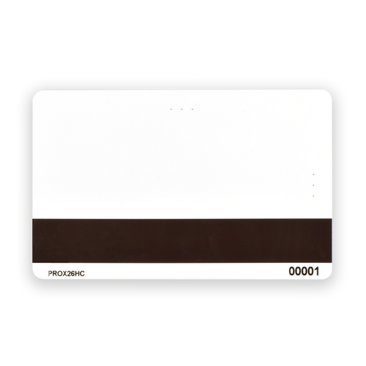 A white plastic card with a black magnetic strip and labels "PROX26HC" and "00001" printed at the bottom. This SPIDprox26HC HID Compatible Composite ISO Prox Card With HICO Magnetic Strip employs RFID technology for secure access control.