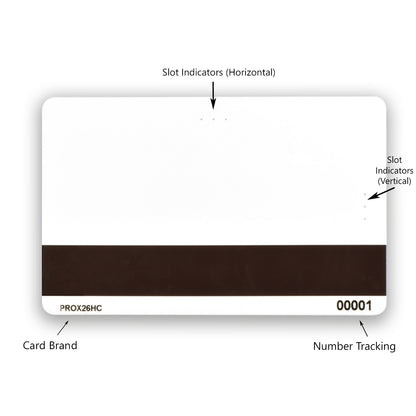 An image of a blank white ID card with a magnetic strip, incorporating RFID technology, labeled with slot indicators (horizontal and vertical), card brand "SPIDprox26HC HID Compatible Composite ISO Prox Cards With HICO Magnetic Strip," and number tracking "00001.