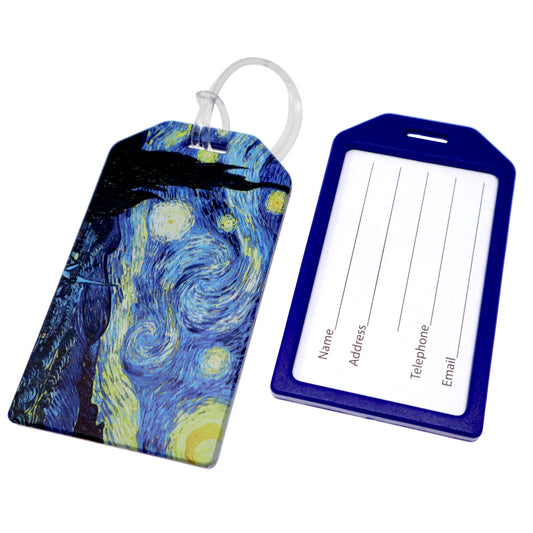 Discover our stylish travel companions: 2 Pack Heavy Duty Starry Night Luggage Tags with Worm Loop. These Van Gogh-inspired tags by Specialist ID feature fields for name, address, telephone, and email. Perfectly blending artful elegance with practical needs and are TSA-approved.