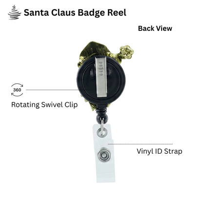 Back view of a Santa Claus badge reel with labeled components for rotating swivel clip and a vinyl ID strap on a white background. Sold by Specialist ID.