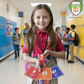 School student holding a few hall passes with lanyards (restroom, hall, and library pass) in the hallway of a school