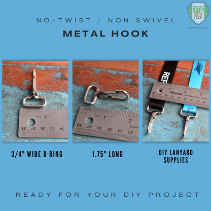 Three images show a 1 3/4" Non Swivel J Hook with Rectangular End - DIY Lanyard and Craft Accessories (6920-2400) made of corrosion-resistant steel, perfect for DIY lanyard supplies. Text reads "Ready for your DIY project.