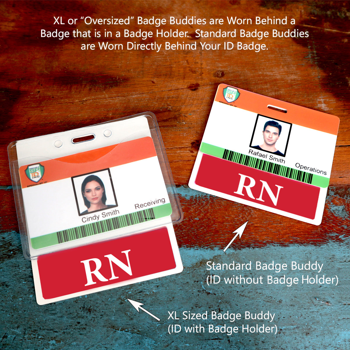 Two horizontal hospital ID badges labeled "RN." The left badge features a photo, name, and title. The right badge is an Extra Large RN Badge Buddy - XL Badge Backer for Registered Nurse - Horizontal Hospital ID Badge Buddies with a similar layout. Text explains the difference in their sizes.