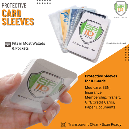 Clear Vinyl Business Card Holder - Medicare Card Protective Sleeve (1840-3505) shown with various card types. These transparent sleeves fit perfectly in wallets and are ideal for protecting Medicare or business cards.