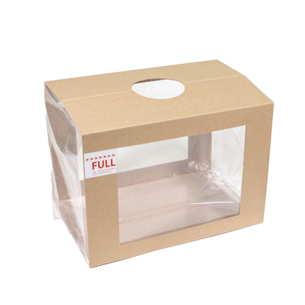 A cardboard box with transparent plastic windows on the sides and top, featuring a "FULL" sticker in the top left corner, contains IDP 659943-5 Disposal Bags for Smart-Bit Ribbon Shredder.