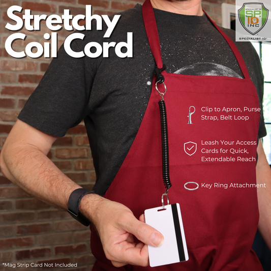 Black bungee coil lanyard clipped to apron loop for swipe card access
