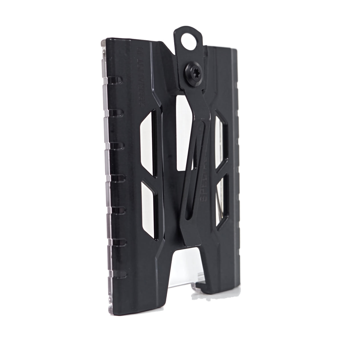 Black TEST-123 rigid vertical ID badge holder turned 45 degrees to the back, showing the metal spring belt clip riveted to the rear panel.