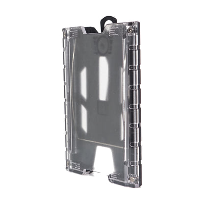 Black TEST-123 rigid vertical ID badge holder turned 45 degrees to the front, showing the depth of the hard shell, the ribbed side rail and the clear front panel.