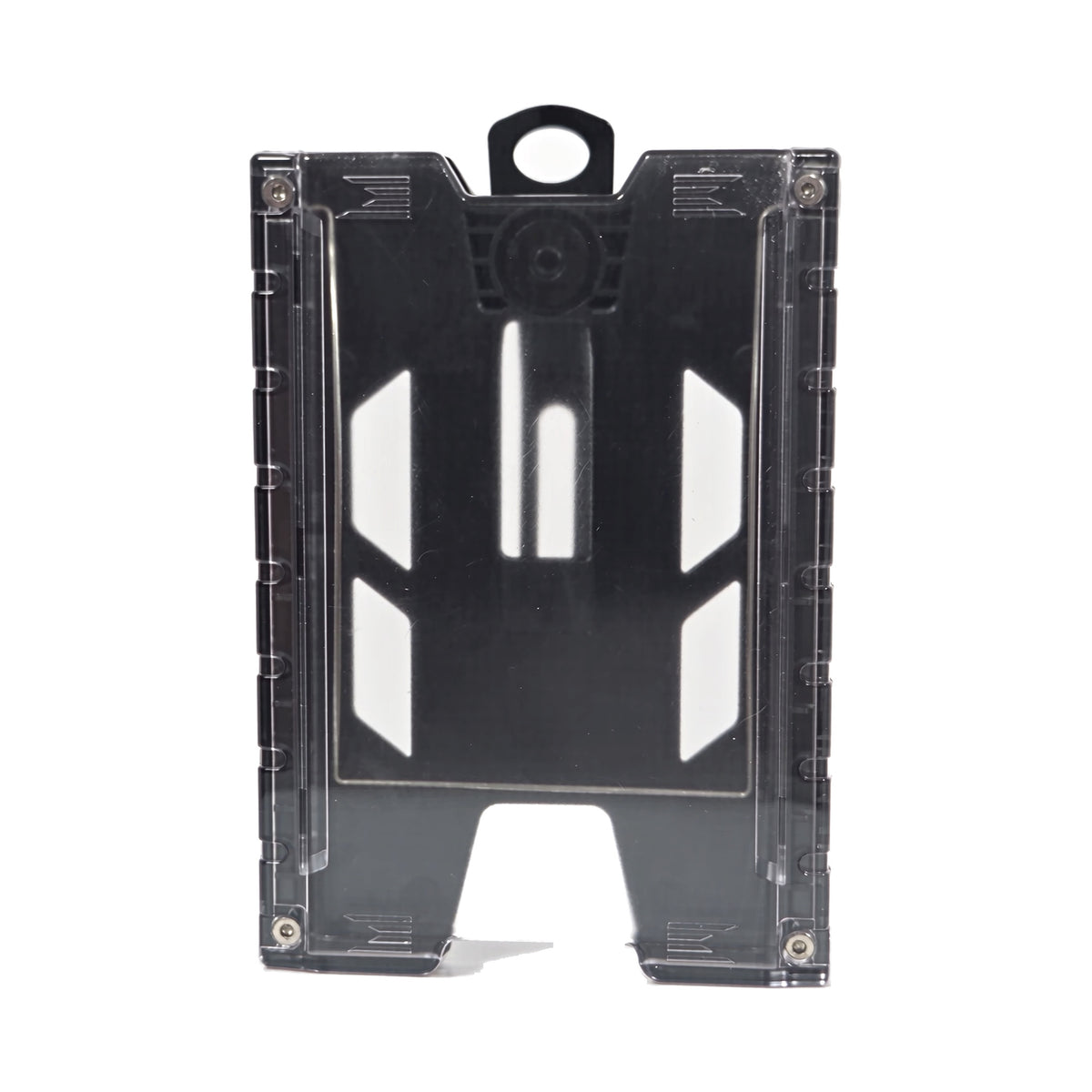 Front view of the black TEST-123 rigid vertical ID badge holder, showing the clear polycarbonate front panel, the thumb slots on the face and side rails, and the molded loop at the top.