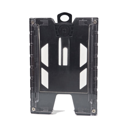 Front view of the black TEST-123 rigid vertical ID badge holder, showing the clear polycarbonate front panel, the thumb slots on the face and side rails, and the molded loop at the top.