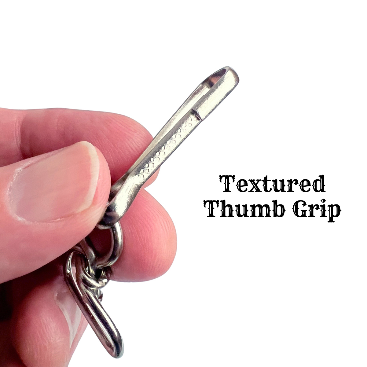textured thumb grip closeup j hook clasp