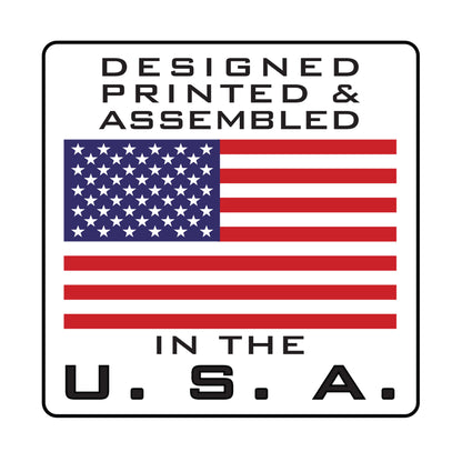 A rectangular label with the text "Designed, Printed & Assembled in the U.S.A." above and below an image of the American flag, perfect for Custom Printed Badge Buddy Horizontal (Standard Size).