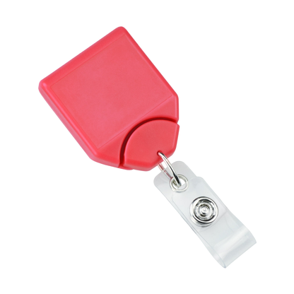 A red B-REEL Badge Reel with Saw-toothed Swivel-clip (P/N 2120-780X) and a no twist design, used for securely holding identification cards. Sold by Specialist ID.