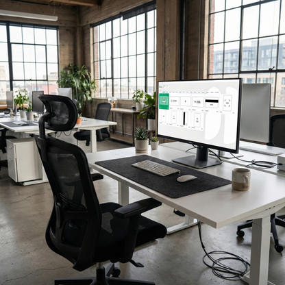 A modern office with a large monitor, ergonomic chair, and sleek white desk—perfect for using ID-ALL ID Card Software – Professional Design & Print for Windows & Mac—ideal for card printing or RFID encoding near industrial windows.