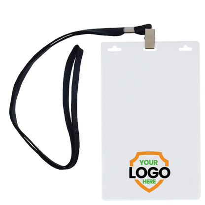 A blank white ID badge with a black lanyard attached, perfect for brand awareness. The bottom of the badge features a shield graphic with the text "YOUR LOGO HERE." Ideal for use with Custom Vertical Oversized 4X6 Vinyl ID Badge Holder (XL46V) - Add Your Logo.