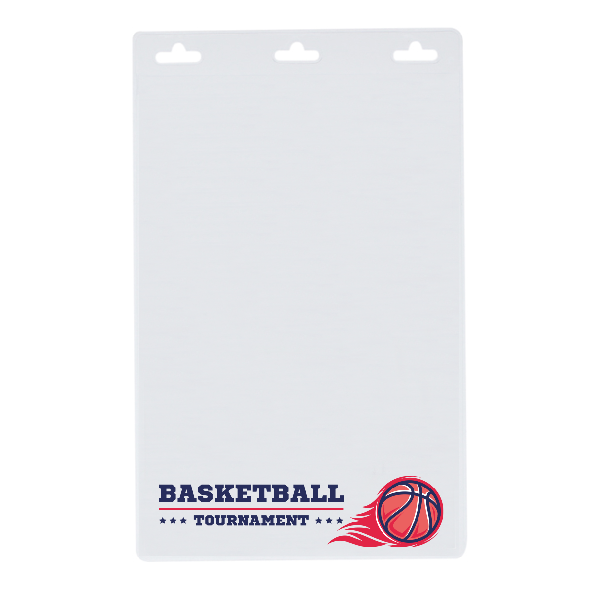 A Custom Vertical Oversized 4X6 Vinyl ID Badge Holder (XL46V) - Add Your Logo with "Basketball Tournament" written in blue and a red basketball graphic in the bottom right corner, perfect for enhancing brand awareness at events.