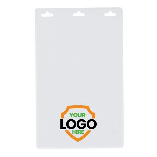 Vertical 4x6 vinyl badge holder with 3 euro slot holes on top displaying custom logo towards bottom 