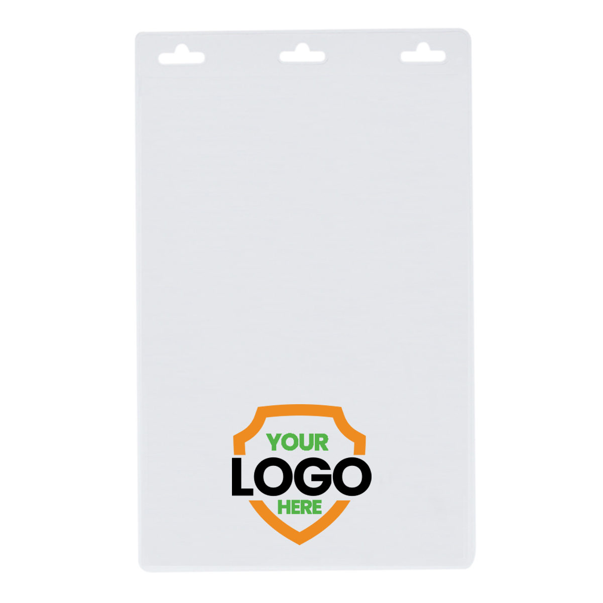 A plain white rectangular sheet with three tab slots at the top, featuring a shield-shaped graphic with "YOUR LOGO HERE" text in the center. Ideal for the Custom Vertical Oversized 4X6 Vinyl ID Badge Holder (XL46V) - Add Your Logo, this design enhances brand awareness while maintaining simplicity.

