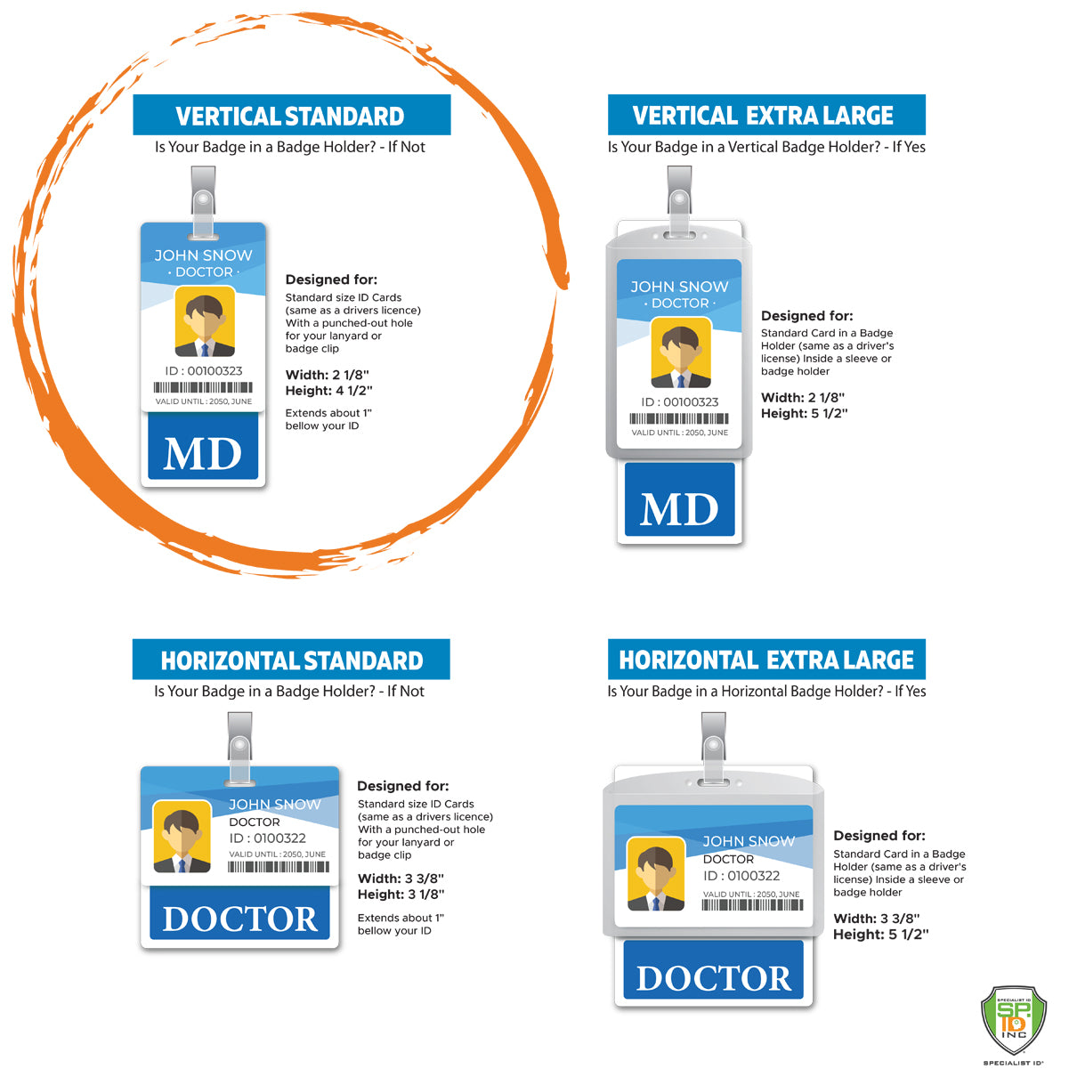 Image displaying four types of ID badges: Vertical Standard, Vertical Extra Large, Horizontal Standard, and Horizontal Extra Large, with descriptions of their dimensions and design specifications. Custom Printed Clear Badge Buddies Vertical (Standard Size) - Customize with Title and Color ensure instant role recognition while maintaining a sleek design.