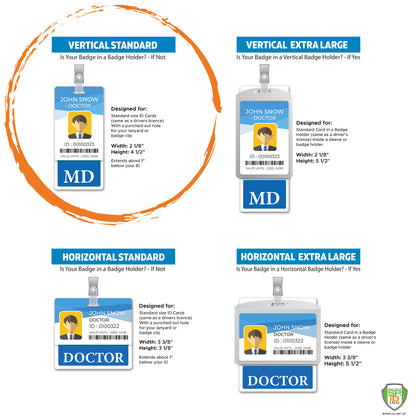 Comparison chart featuring Nurse Leader Badge Buddy - Vertical Hospital ID Role Identifier—ideal for a durable badge buddy or custom Badge Buddies for roles like NURSE LEADER. Includes dimensions and descriptions.