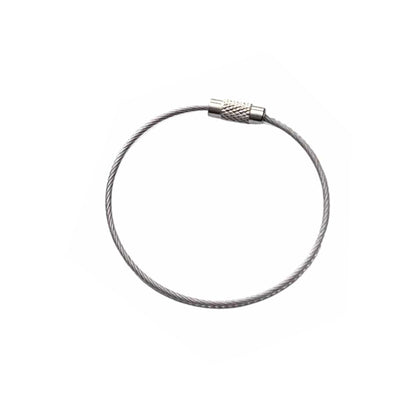 A Wire Loop Luggage Tag Holders - 6 inch Metal Stainless Steel Cable Ring Connectors for Keys or Luggage Tags with a threaded fastener forming a complete circle. Sold by Specialist ID.
