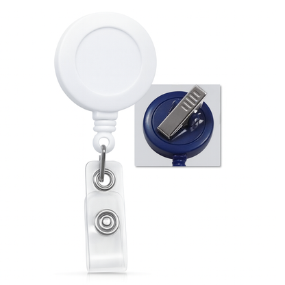 A white Badge Reel with Swivel Spring Clip (P/N 2120-760X) and a clear vinyl strap. An inset image shows a close-up of the metal clip. Sold by Specialist ID.