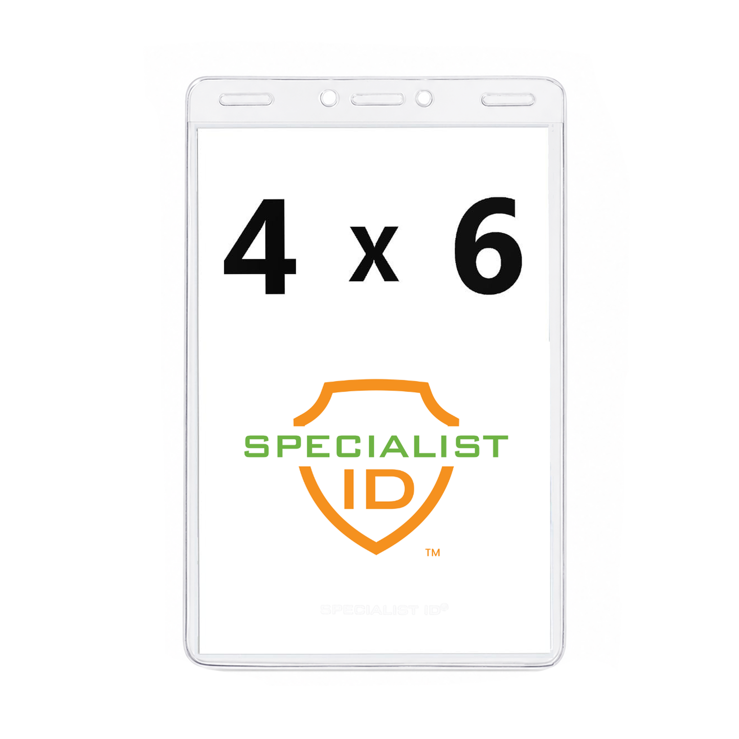 The Vertical 4x6 Oversized Vinyl Badge Holder (XL46V) is a clear plastic holder featuring an insert card printed with “4 x 6” in bold text and the Specialist ID logo in orange and green, making it ideal for use as an event credential holder.