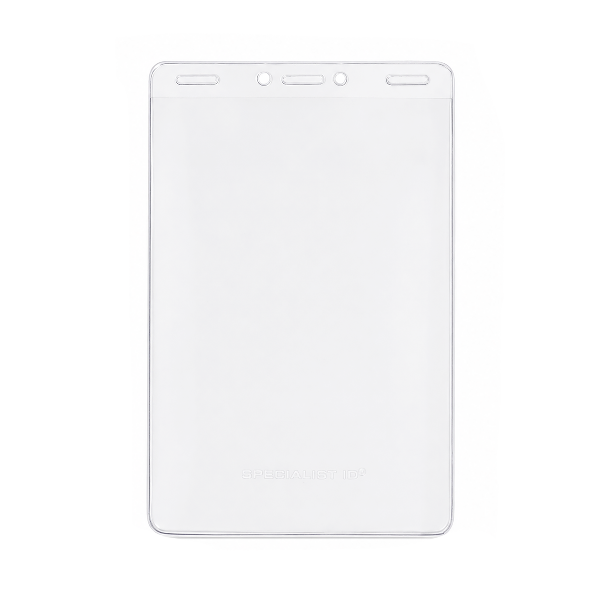 Vertical 4x6 Oversized Vinyl Badge Holder (XL46V) made of clear plastic, featuring three top holes for attaching a lanyard or clip, displayed against a plain white background.