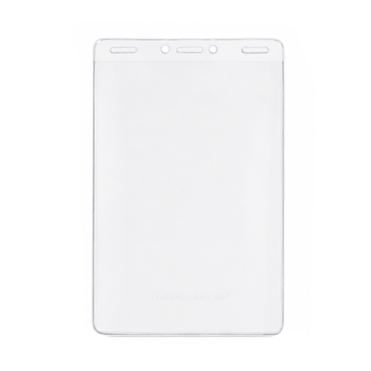 Vertical 4x6 Oversized Vinyl Badge Holder (XL46V) made of clear plastic, featuring three top holes for attaching a lanyard or clip, displayed against a plain white background.