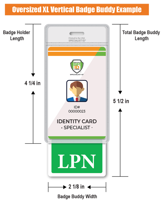Diagram of an Oversized LPN Badge Buddy - Extra Large Badge Buddies for Licensed Practical Nurses - Vertical Hospital ID Badge Backer, labeled "LPN" in green, detailing dimensions: total length 5 1/2 in, ID card length 4 1/4 in, and width 2 1/8 in. "Specialist ID" branding at the top. Perfect for a hospital ID badge for Licensed Practical Nurses.