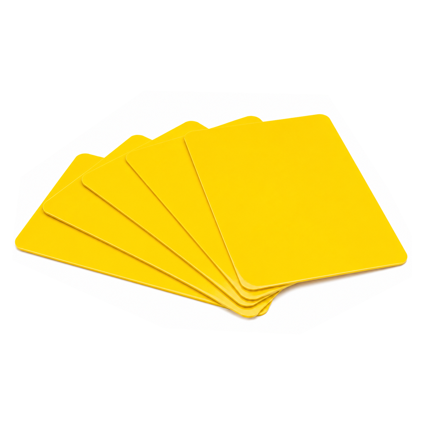 Five blank white rectangular PVC cards, made from durable CR80 30 mil card stock (SPID-9630), are fanned out on a white background.