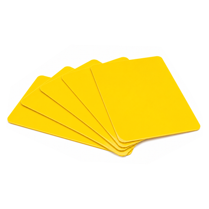 Five blank white rectangular PVC cards, made from durable CR80 30 mil card stock (SPID-9630), are fanned out on a white background.
