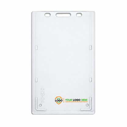AC-915 badge holder with a small shield and horizontal Your Logo Here branding along the bottom.