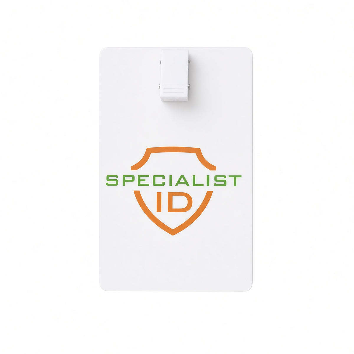 5735-3008 adhesive clip attached to the top edge of a white vertical ID card