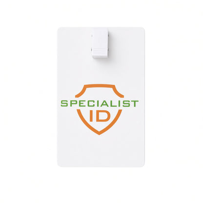5735-3008 adhesive clip attached to the top edge of a white vertical ID card