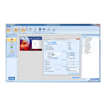 A computer screen displaying HID Asure ID Solo 7 Entry-Level ID Card Software - 86511 (Digital Download) shows card personalization software with a sample photo ID and various configuration options.