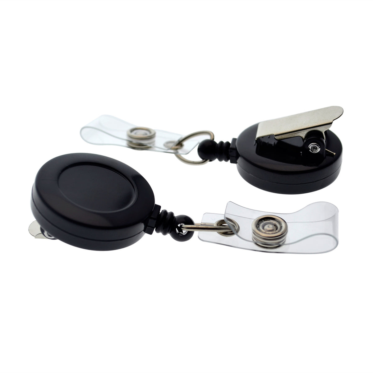 Black retractable badge reel shown front and back with non-swiveling spring clip.