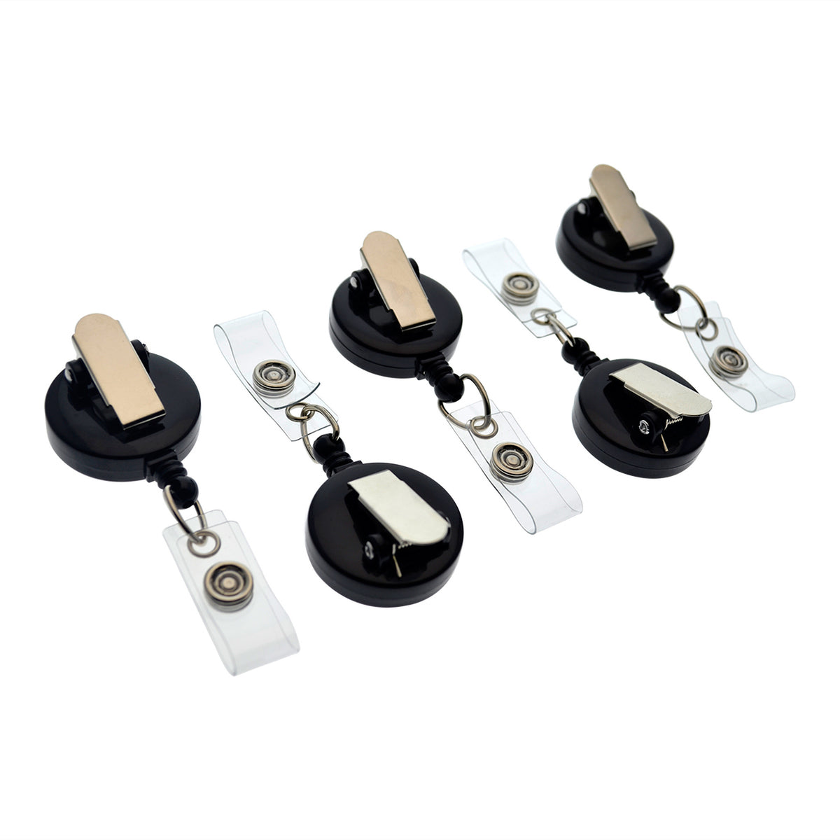 Black retractable badge reels shown from front, back, and spring-clip angles.