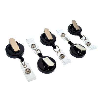 Black retractable badge reels shown from front, back, and spring-clip angles.