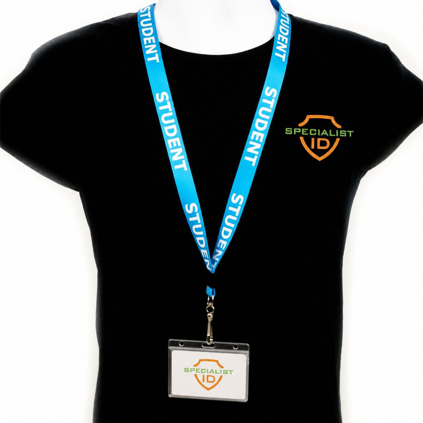 Blue STUDENT lanyard with ID badge on black Specialist ID shirt