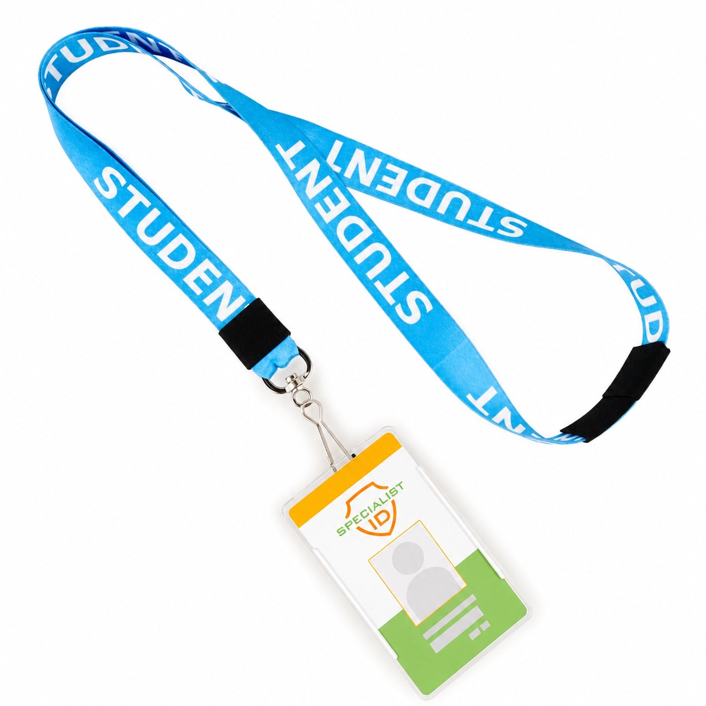Blue STUDENT lanyard attached to student ID badge close-up