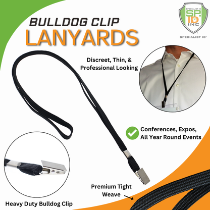 Advertisement for Flat Braid Woven Non-Breakaway Lanyard With a Steel Bulldog Clip (P/N 2135-355X) from Specialist ID, featuring a black Flat Braid Lanyard with a heavy-duty steel bulldog clip and a person wearing the non-breakaway lanyard. Suitab...